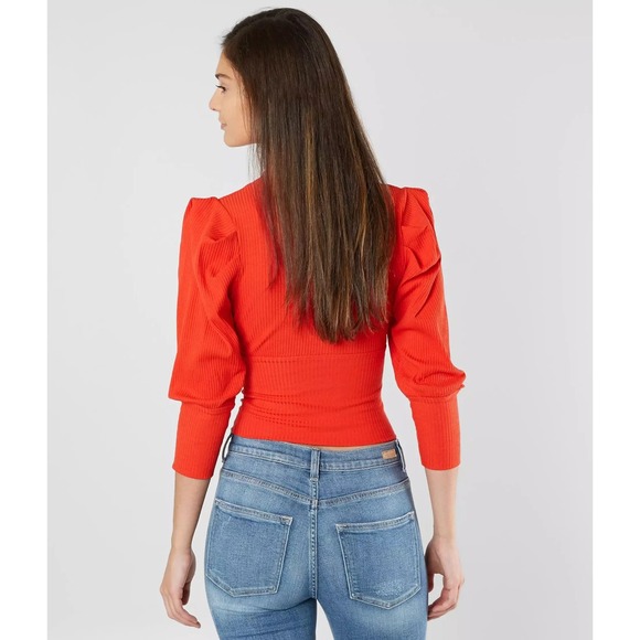 Free People‎ Lala Crop Sweater M Orange Ribbed Statement Sleeve - Picture 2 of 8